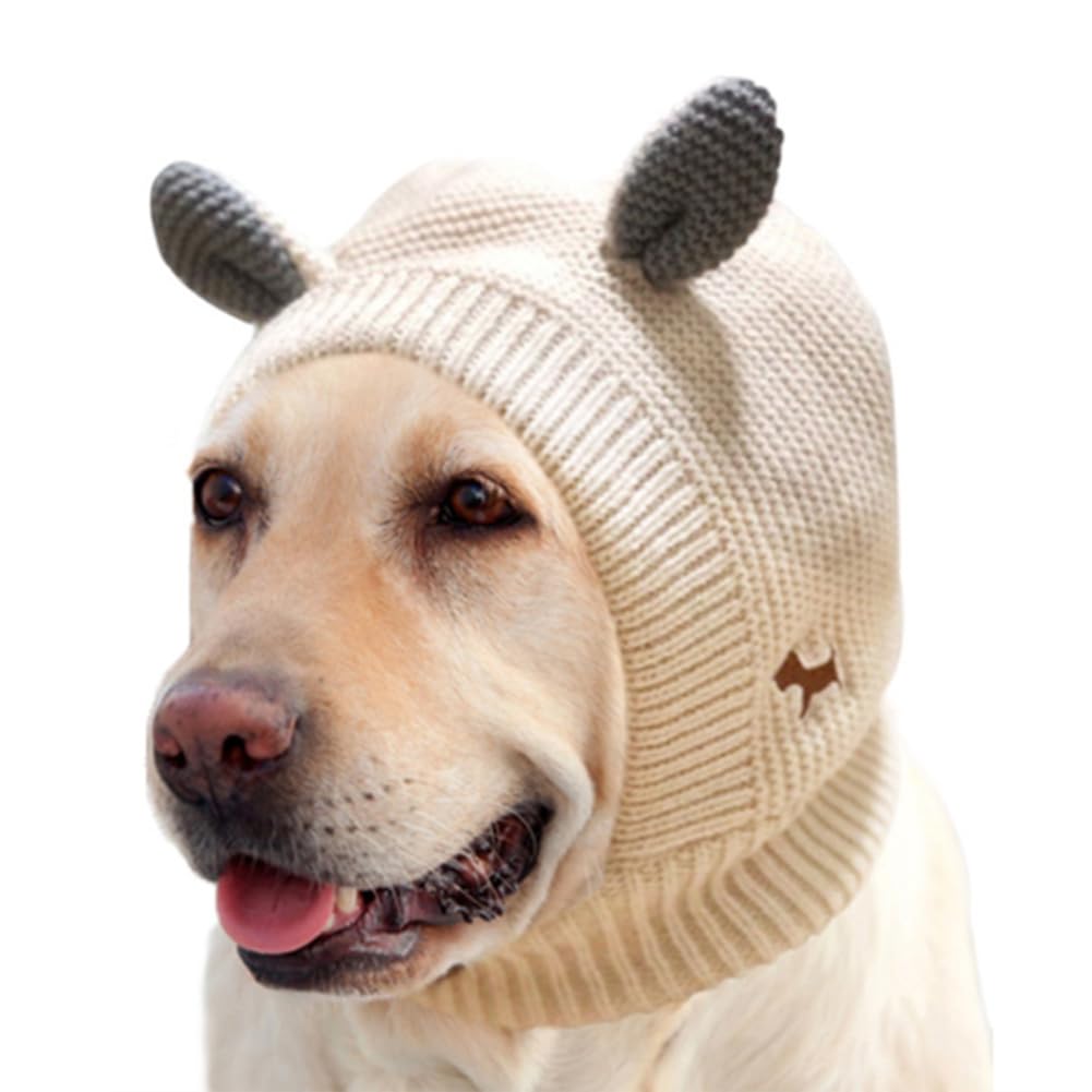 YAMEE Dog Winter Hats - Large & Small Dog Ear Muffs, Knitted Beige Hats for Outdoor Walking & Holidays