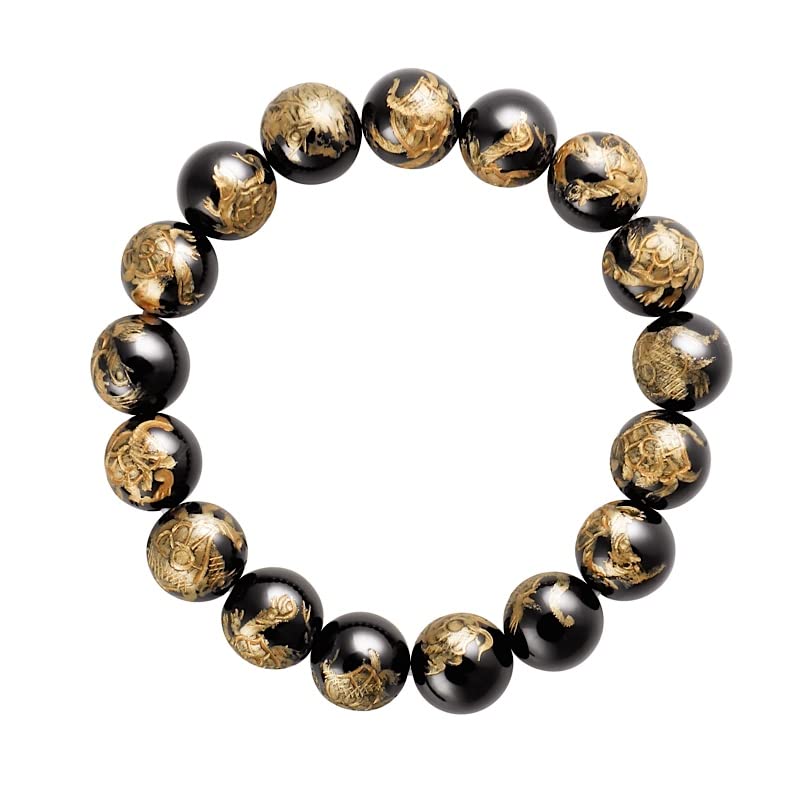 Franki Baker Lucky Gold Turtle Carved on Black Agate. Expanding Bracelet/Bangle. One Size