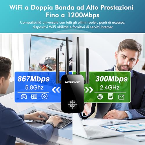 NEWFAST Repetidor WiFi AC1200 Amplificador Señal WiFi 5GHzy2,4GHz Amplificador Wi-Fi, 4 * 3dBi Antenas, Punto de Acceso con Cobertura de 360°,Extensor Wi-Fi