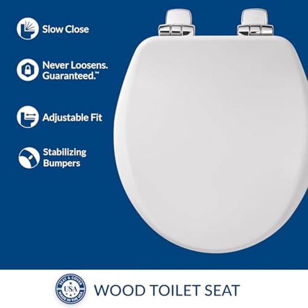BEMIS ALESIO SLOW CLOSE TOILET SEAT, SLEEK CHROME HINGES AND ADJUSTABLE PERFECT FIT WOOD SEAT, MADE IN USA, ROUND, WHITE