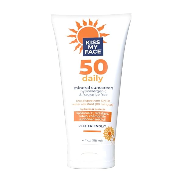 KISS MY FACE DAILY SUNSCREEN LOTION SPF 50-WATER-RESISTANT SUNSCREEN MINERAL LOTION-REEF-FRIENDLY & CRUELTY-FREE -HYPOALLERGENIC AND FRAGRANCE-FREE WITH SUNFLOWER SEED OIL AND CHAMOMILE – 4 FL OZ TUBE