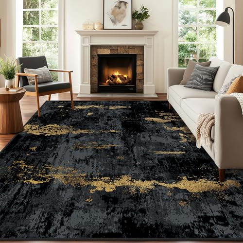 RELEANY Washable Area Rug 8'x10' Non-Slip Indoor Modern Abstract Low Pile Soft Carpet Rugs for Living Room Bedroom Home Entryway, Print Pattern, Dark Black Gold