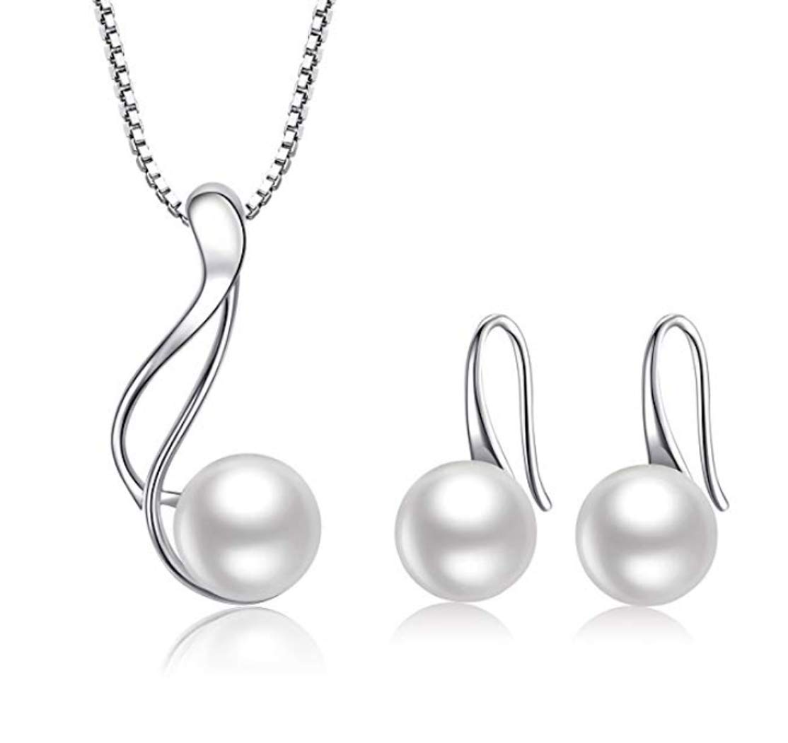 Treasure Bay Women's Pearl Jewellery Set - 925 Silver AA Grade 8-9mm Pearl Necklace Dangle Drop Earrings for Women Ladies Girls Bridal Jewellery (White-Design 3)