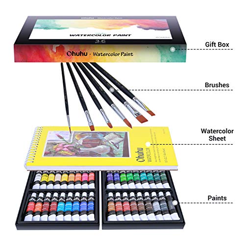 Ohuhu Watercolor Paint Set, 36 Water Paints Colors (12ml, 0.42oz) Art