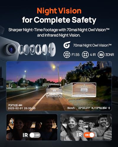 70mai 4K Dash Cam Front and Interior, 4K HDR Dash Camera with F1.55 Aperture, UHD Dashcam, Wi-Fi 6, 24H Parking Surveillance, GPS, Loop Recording, 64GB Card Included, for Cars/Taxi/Uber/Lyft