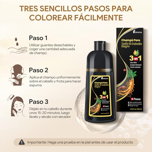 Black Hair Dye Shampoo 3 in 1, Shampoo para Canas con Tinte, Champú para Teñir el Cabello Negro, Champú Tinte Cubre Canas para Mujer y Hombres (500ML)