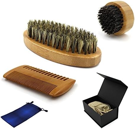 Mushroom Shape Beard Brush Beard Comb Deluxe Gift Set for Men Grooming, Styling, Shaping, Mustache Conditioning &amp; Distributing Oil 100% Bristle &amp; Natural Wooden Round Handle w/ Box &amp; Bag