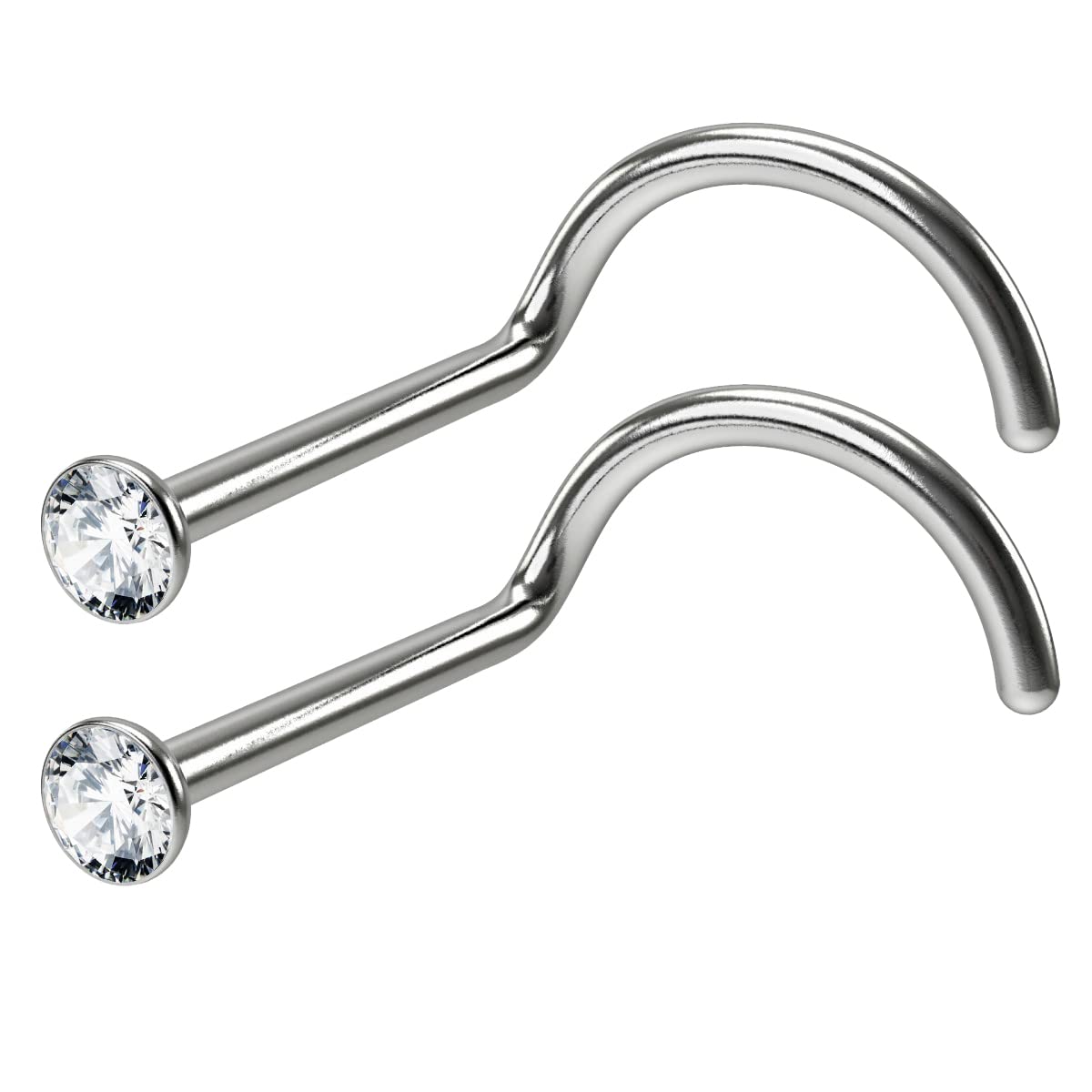 2pc 18g 1mm Stainless Steel CZ Nose Bar Screw Corskscrew Nostril Stud Piercing Hoop Clear Crystal