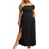 Plus Size Summer Dresses - Boho Casual Off Shoulder Floral Long Maxi Dress with Pockets