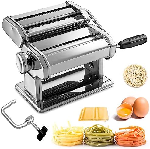 Sailnovo Machine à Pâtes Manuelles en Acier Inoxydable pour Faire Tagliatelle Spaghettis Lasagnes Ravioles (Argent)