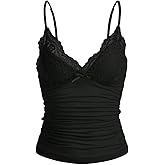 LOFAAC Women Sexy Y2K V Neck Lace Patchwork Cami Shirt Cute Slim Fit Sleeveless Spaghetti Strap Going Out Camisole Tank