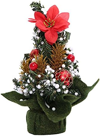VALORCIELO 7.8" Mini Artificial Mini Christmas Tree with Balls Bows Gifts New Year Ornaments Decorations for Home Office Bedroom Livingroom Desk (Red Flower)