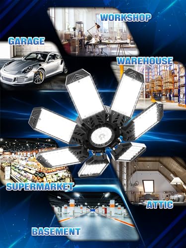HAPYLUMI LED Ceiling Light for Garage 200W, 2 Pieces 20000LM Garage Lamp with 7+1 Adjustable Panels 6500K, E27/E26 Socket Industrial Workshop Lighting for Warehouse Basement