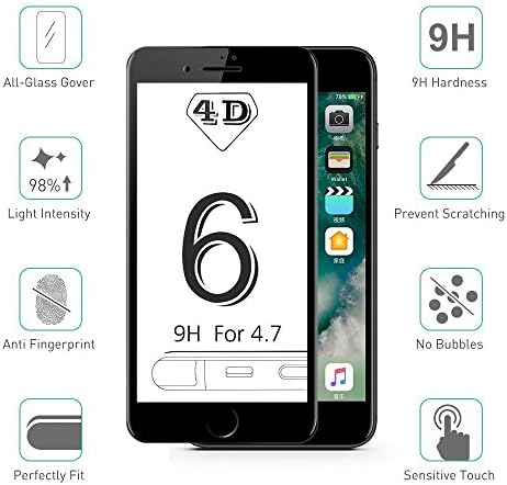iPhone 6 6S Screen Protector Tempered Glass Film 4D Edge To Edge Full Coverage Curve Protection Protectors by RICKI (iPhone 6 / 6S Black)