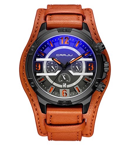Mens Sport Quartz Watches Orange Cuff Leather Functional Chronograph Date Military Waterproof Wristwatch