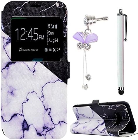 For Samsung Galaxy S8 Case, Sunroyal PU Leather Magnetic Window Quick View Flip Folio Wallet Ultra Thin Premium Flap Pocket Protective Stand Case Cover for Samsung Galaxy S8 + Anti Plug + Don't Touch My Phone Pen - White Black Marble
