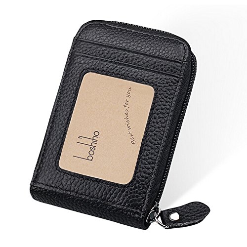 Boshiho RFID Blocking Card Holder Genuine Leather Credit Card Case Organizer Compact Wallet Zip Around Accordion Style (Black)