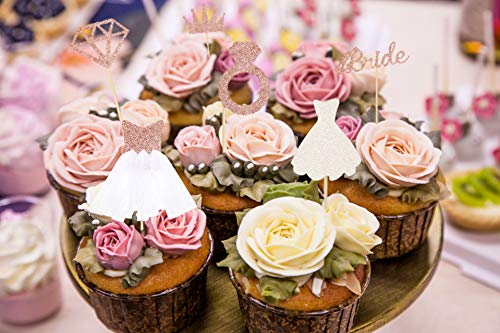 Bride to be Cake Topper Diamond Ring Wedding Dress Cupcake Toppers for Bridal Shower Decorations, Rose Gold Wedding Engagement Party Cake Decorations,37 Pcs