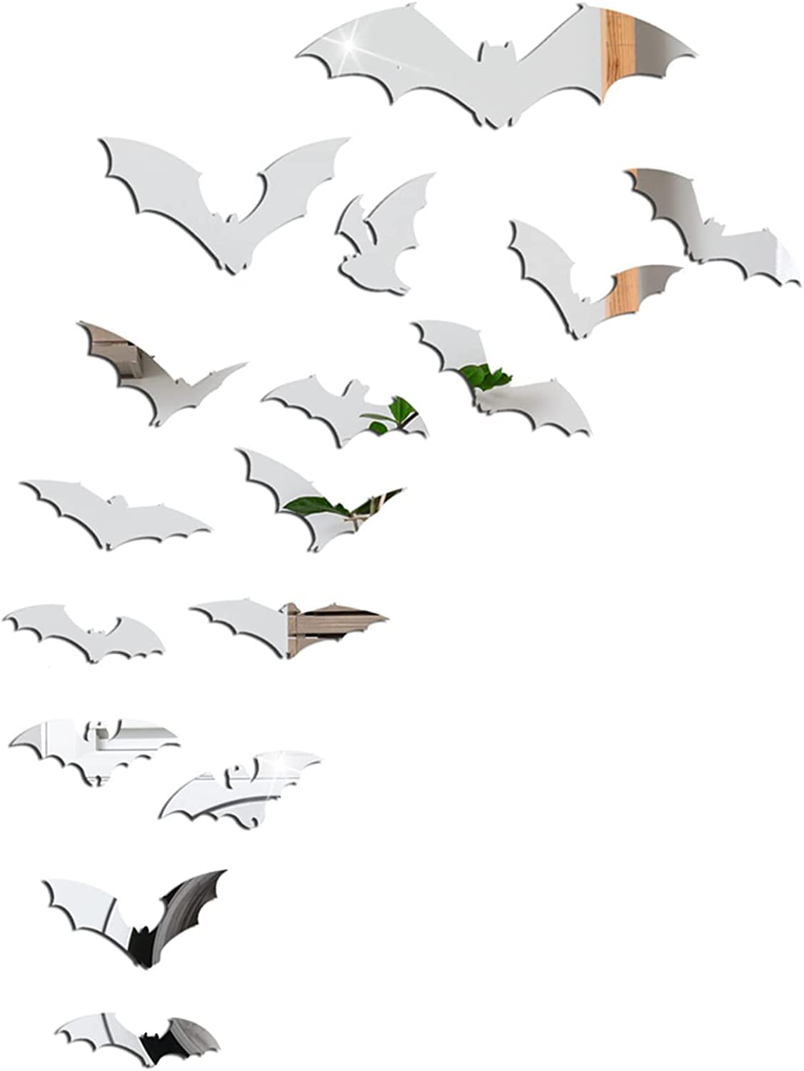 CREATCABIN Halloween Bat Sticker Mirror Wall Stickers Silver Acrylic Waterproof Spooky Scary Bats Decals 3D DIY Door Home Window Decor Halloween Party Supplies (Style 10, 16pcs)
