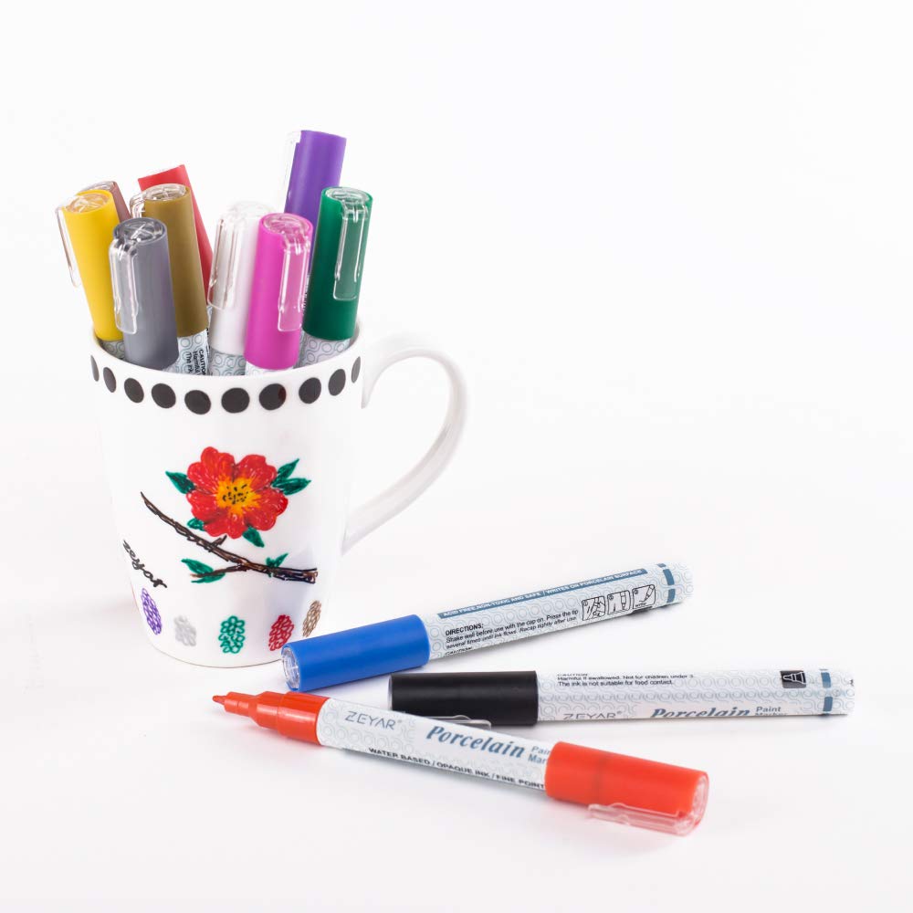 ZEYAR Acrylic Paint Pens for Porcelain, Professional Ceramic Drawing, 12 colors Water-based, Fine Point, Water and Fade Resistant, DIY on Mugs and other Ceramics for Permanent Collection