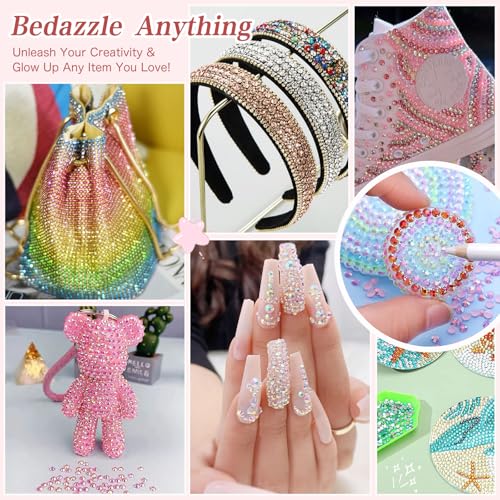 30000Pcs Bedazzling Kit with Glue, 3MM Flatback Rhinestones for Bedazzling with 1 Pack 3D Butterfly Nail Diamonds, Pearls Jewels, Tweezer and Pen, Pencil Sharpener for DIY Crafts