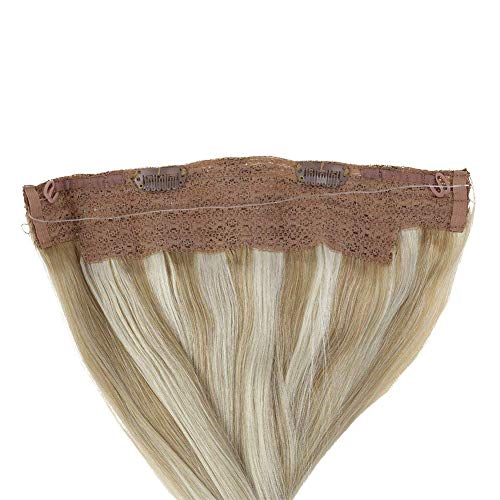 LaaVoo 12" Adjustable Invisible Wire Halo Hair Extensions Balayage Ash Blonde to Light Blonde and Platinum Blonde Remy Flip Human Hair 80 Grams 11inch Width (#18/22/60) - Thumbnail 7