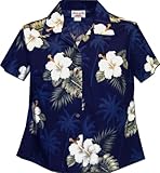 Ladies Aloha Shirts Hibiscus Island Navy