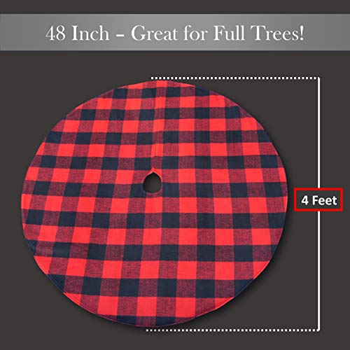 ATLIN Christmas Bundle - Buffalo Plaid Tree Skirt with 4 Cushion Covers - Larger 3 Inch Red and Black Checks for a Traditional Look - Machine Wash and Dry - 48 Inch Skirt and 18 Inch Cushion Covers - Thumbnail 2