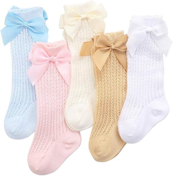 Amazon Co Jp Ainial ソックス ベビー 女の子 ハイソックス 春夏 メッシュ リボン付き 可愛い 靴下 子供 赤ちゃん 新生児 クルーソックス 柔らかい 通気 快適 キッズソックス 5足セット 服 ファッション小物