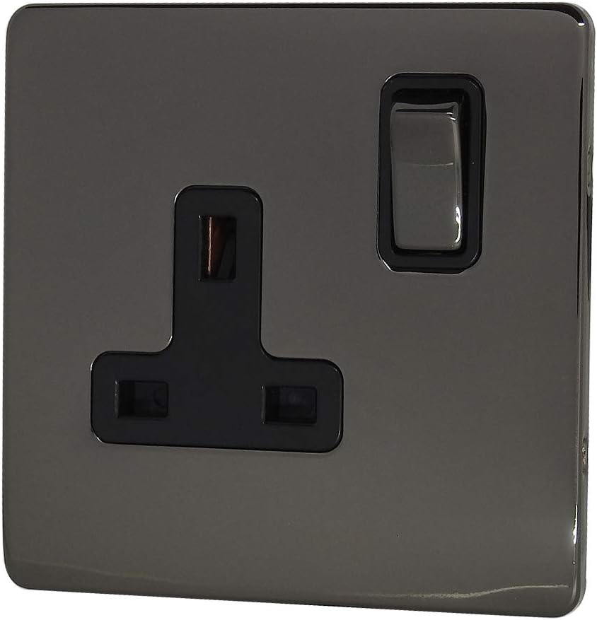 Discount Electrix 1 Gang Plug Socket Black Nickel Screwless Flat Plate Design with Black Insert