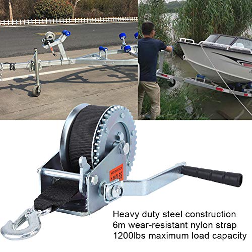 Qiilu 1200lbs Hand Winch Hand Crank 6m Nylon Strap Heavy Duty Winch for ATV Boat Trailer - Image 5