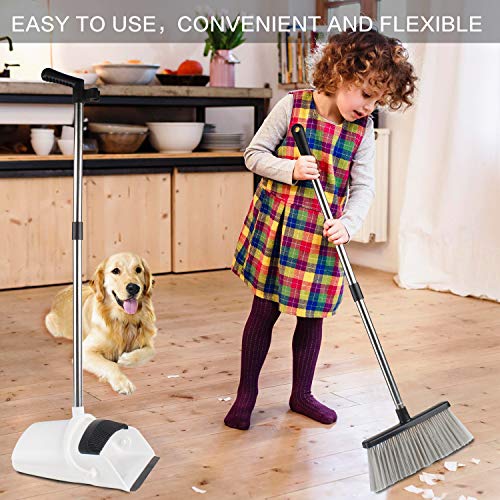 Broom and Dustpan [2019 Version] Tiumso Dust pan Broom Set with Upgrade Combo and Sturdiest Extendable Long Handle,4 Layers Bristles,Upright Standing for Home, Office, Kitchen, Lobby (White) - Thumbnail 5