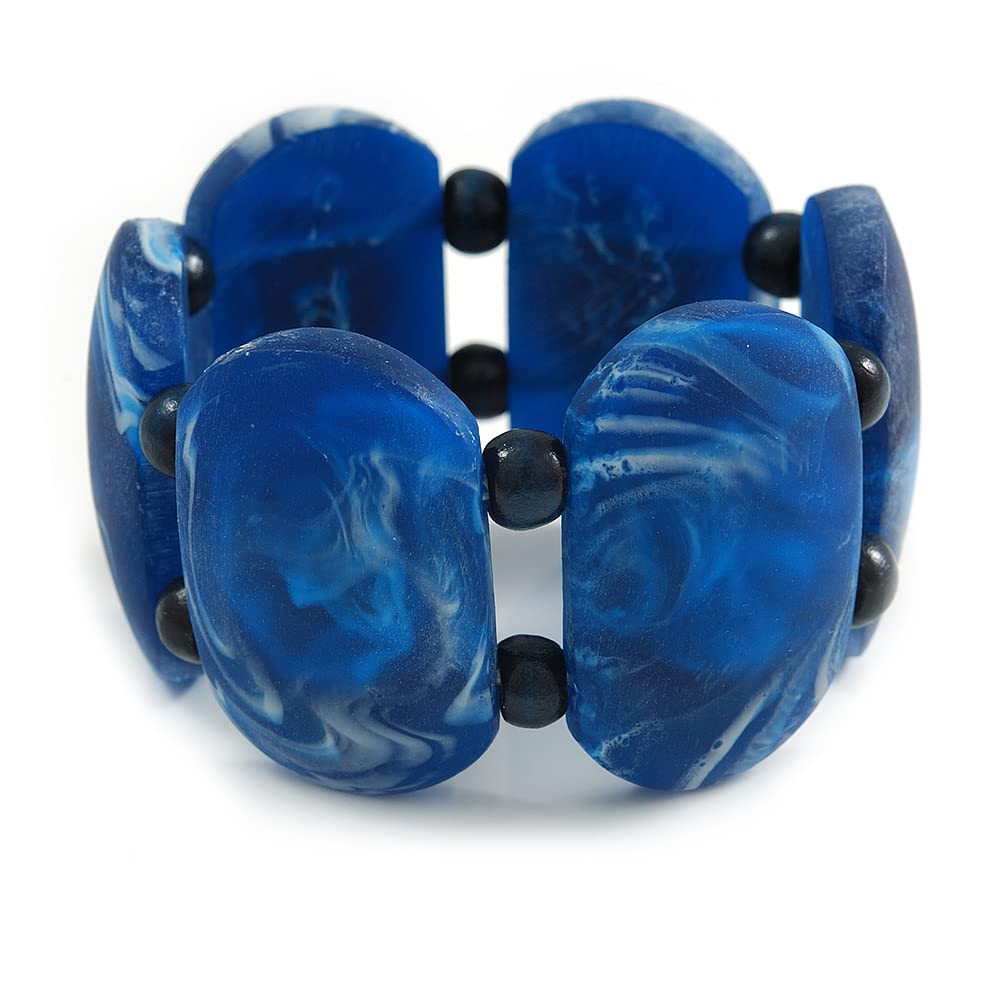 Avalaya Wide Chunky Resin/Wood Bead Flex Bracelet in Blue/White - M/L