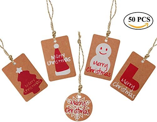 50 Pcs Kraft Paper Gift Tags with Twine Strings BEoffer Brown Christmas Tags 5 Assorted Designs Classic Christmas Elements Smooth writing for DIY Christmas Present Wrap Stamp/ Label Package Name Card