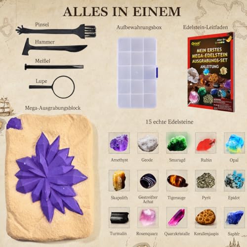 Greek Science My First Mega Excavation Set for Kids, 15 Real Crystals and Gemstones, STEM Science Toy Gift for Boys and Girls