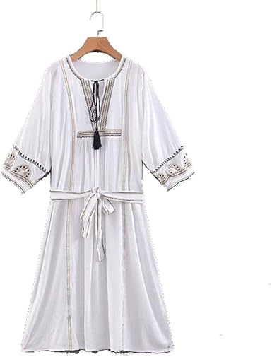 white tasseled embroidered midi dress