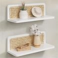 Mazjoaru Rattan Wall Shelf 16inch Set of 2, Handmade White Floating Shelves Boho Wall Decor, Rustic Wood Cute Wall Mounted Storage Shelves for Living Room Nursery Bedroom