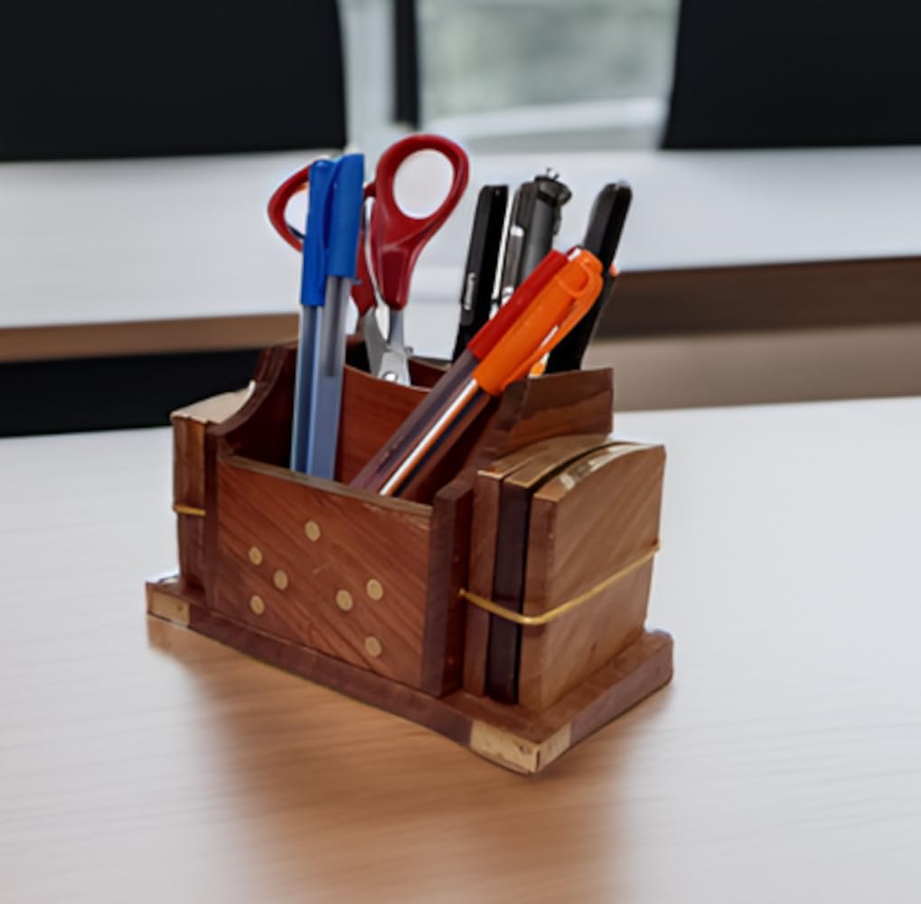 Purpledip Wooden Desk Organizer Cum Cutlery Holder: Set Of 6 Coasters (12303)