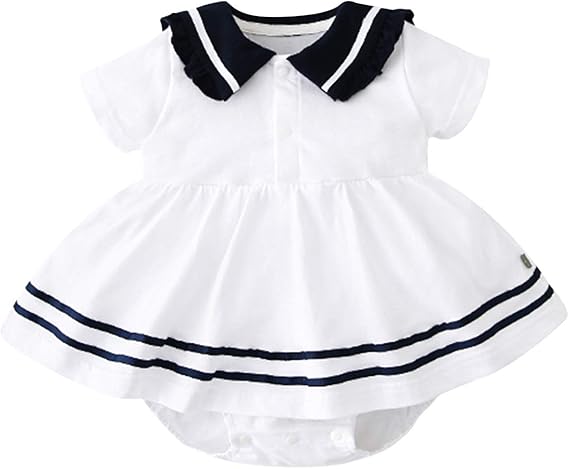 Amazon Co Jp Famuka 夏 ベビー服 スカート付き 半袖ロンパース 赤ちゃん ワンピース 女の子 セーラー風 無地 コットン100 ホワイト ブラック ホワイト 10 14m 服 ファッション小物