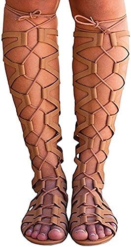 Palster Sandals for Women Gladiator Flat Lace Up Suede Knee High Strappy