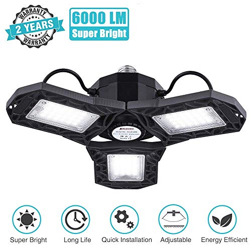 LED Garage Lights, SOLMORE LED Garage Lighting 60W 6000LM Deformable Garage Ceiling Lights 3 Adjustable Panels Shop Lights LED Light Bulb for Garage Basement Workshop (NO Motion Activated)