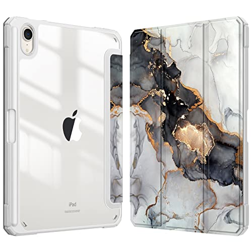 Fintie Hybrid Slim Case for iPad Mini 7 (A17 Pro, 7th Generation) 2024 / iPad Mini 6 (6th Gen) 8.3 Inch, [Built-in Pencil Holder] Shockproof Cover Clear Transparent Back Shell, Cloudy Marble