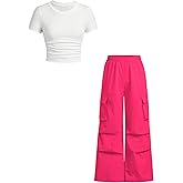 Azmxynol Tween Girls Clothes 2 Piece Outfit T-Shirt Top + Cargo Pants Teen Girl Clothing Set, Sizes 7-15 Years
