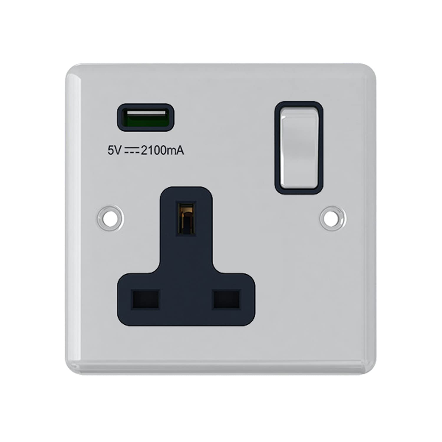 AET USBCPC1GSOCBC 13 A 1 Gang Classical Chrome Polished Single Plug Socket and USB Power Outlet with Black Insert Metal Rocker