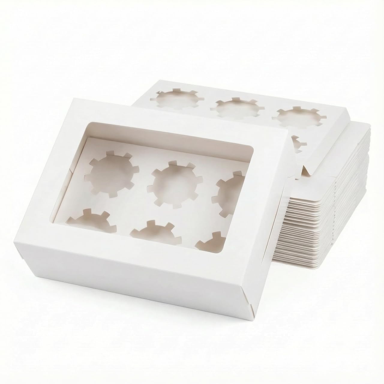 HERUIO 20 x 6 Hole Cupcake Boxes With Window and Adjustable Insert Cupcake Carrier for Cupcakes, Cookies, Muffins, Pastries and Donuts - WHITE