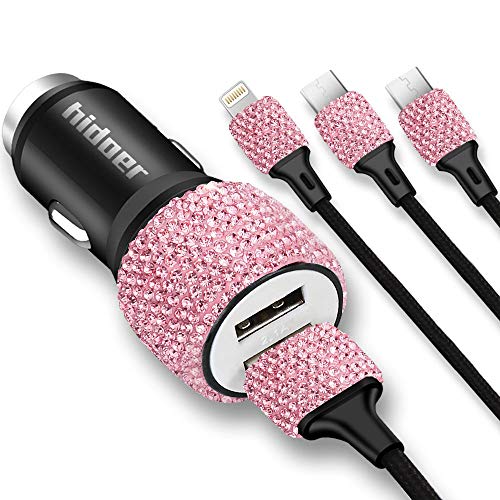 Bling Car Charger, Hidoer 5V/2.1A Pink Crystal Decoration Dual Port Fast USB Adapter with 3.9ft Nylon Type C/Micro USB 3-in-1 Multi Charging Cable for iPhone iPad Android and More