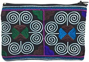 JIRAT AMA - Handmade 100% Organic Cotton Coin Purse - Tribal Bag Clutch Style with Thai Hmong Embroidery, Small Embroidered Bag (N02)