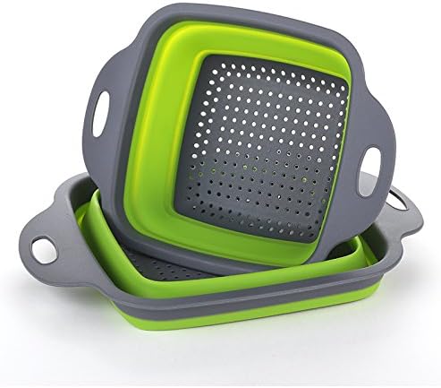 Foldable Collapsible Kitchen Colander 2 Pcs square Collapsible washing up bowl Silicone Strainer Set Filter Food Strainers basket 2 sizes (Green)