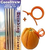 4 Stainless Steel Wide Smoothie Straws + Cleaning Brush + Citrus Peeler - CocoStraw Large Straight Frozen Drink Straw - 4 Pack + Cleaning Brush