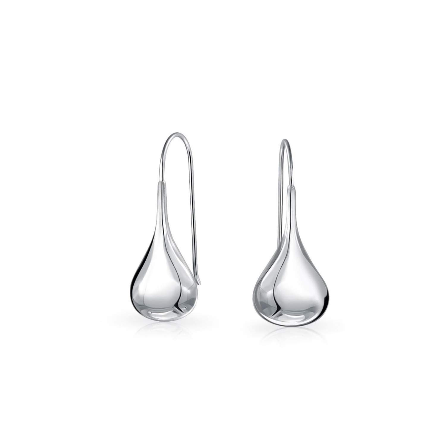 Simple Plain Puffed Teardrop Pear Shaped Rain Drop Earrings For Women Fishhook Threader Polish Sterling Silver .75 Inch